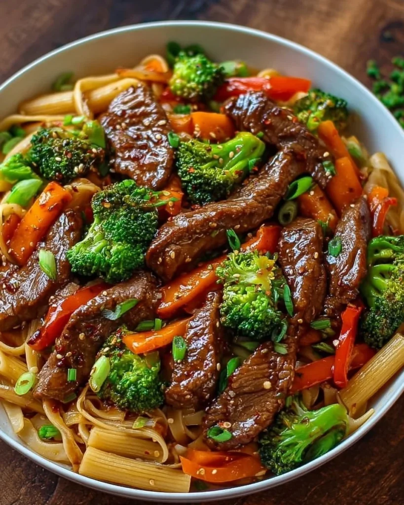 Delicious Beef Stir Fry with Vegetables served over pasta
