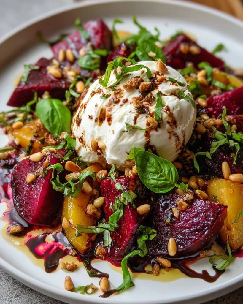 Delicious Beet Burrata Salad with vibrant beets and creamy burrata cheese