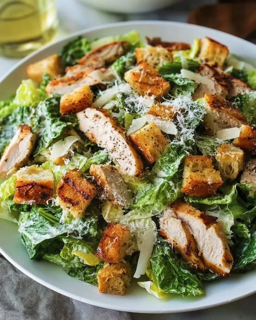 Delicious Chicken Caesar Salad with homemade croutons and fresh ingredients