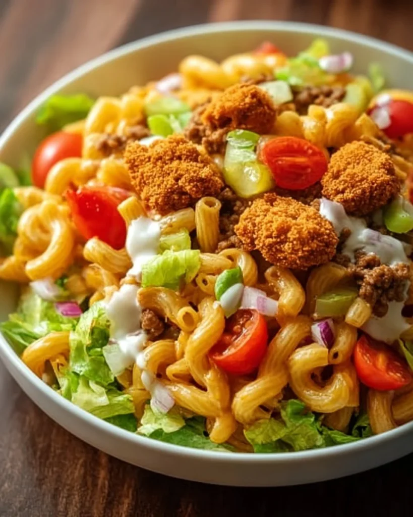 Delicious crispy Big Mac pasta salad served in a bowl