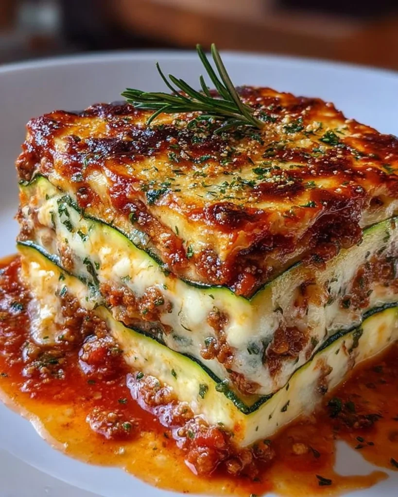 Delicious homemade zucchini lasagna layered with cheese and marinara sauce