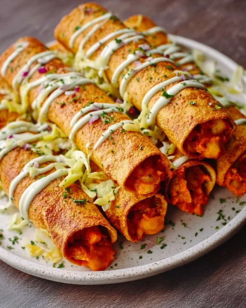 Buffalo Chickpea Taquitos served with dipping sauce on a plate
