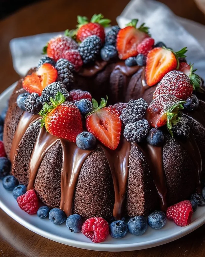 Delicious homemade Chocolate Bundt Cake topped with chocolate glaze