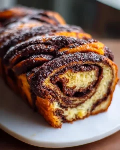 Freshly baked Chocolate Orange Babka with chocolate glaze and orange zest.
