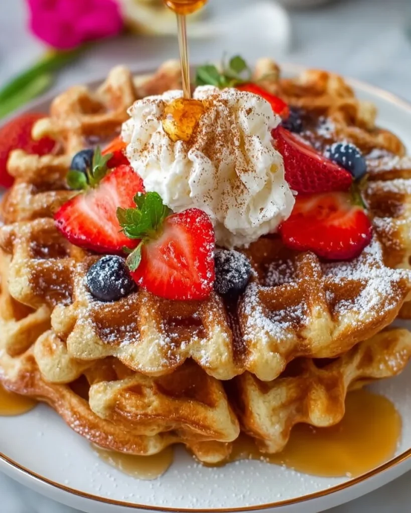 Delicious cinnamon buttermilk waffles served with syrup and berries