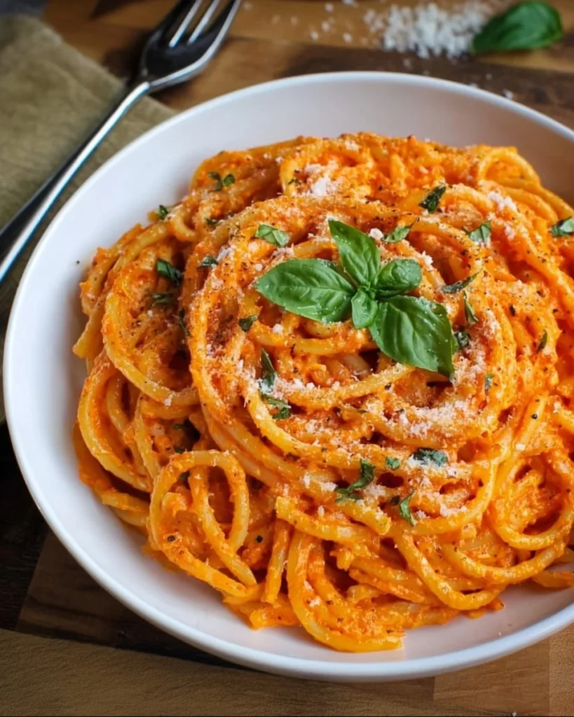 Creamy roasted red pepper pasta sauce served with pasta