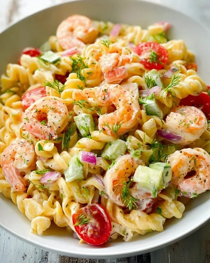 Creamy shrimp pasta salad with fresh vegetables and herbs