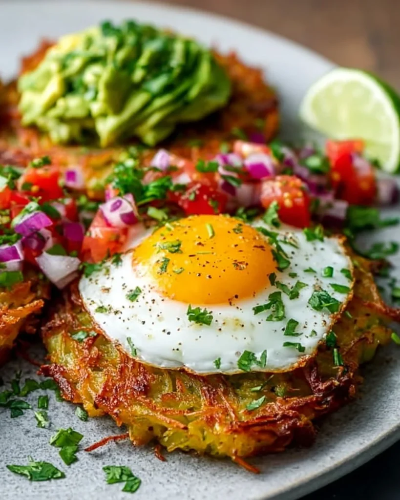 Crispy avocado hash browns served on a plate with herbs and spices