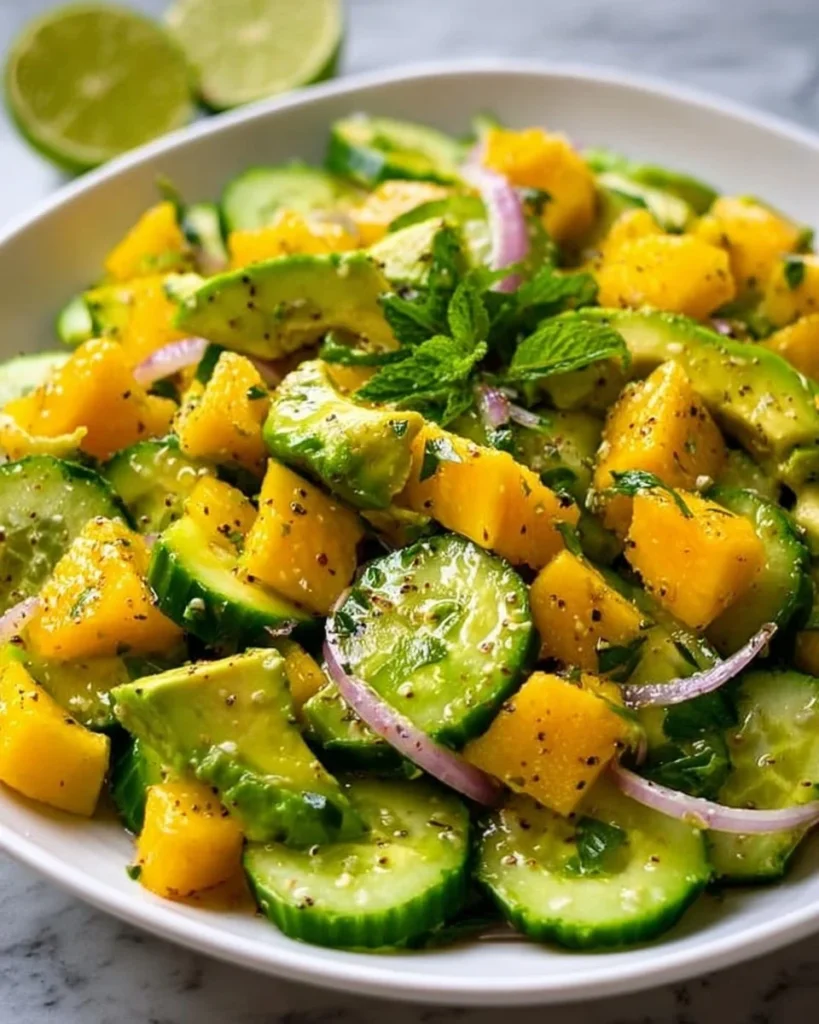 Cucumber Mango Avocado Salad with bright colors and fresh ingredients on a plate