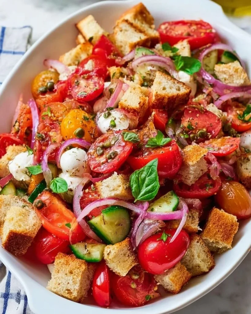 Fresh Tomato Panzanella Salad with bread, cucumbers, and basil on a plate