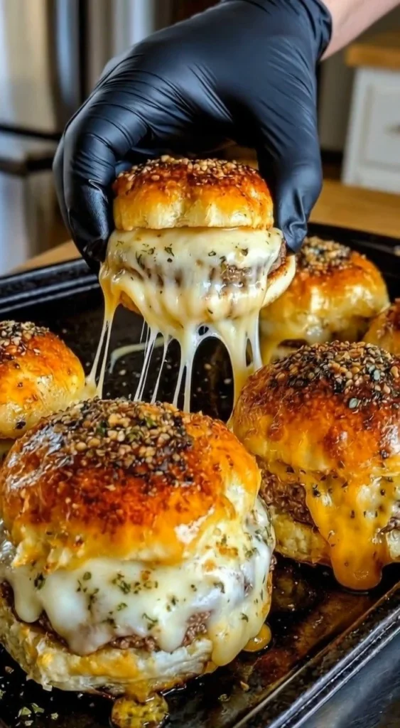 Delicious everything bagel cheeseburger sliders on a platter.