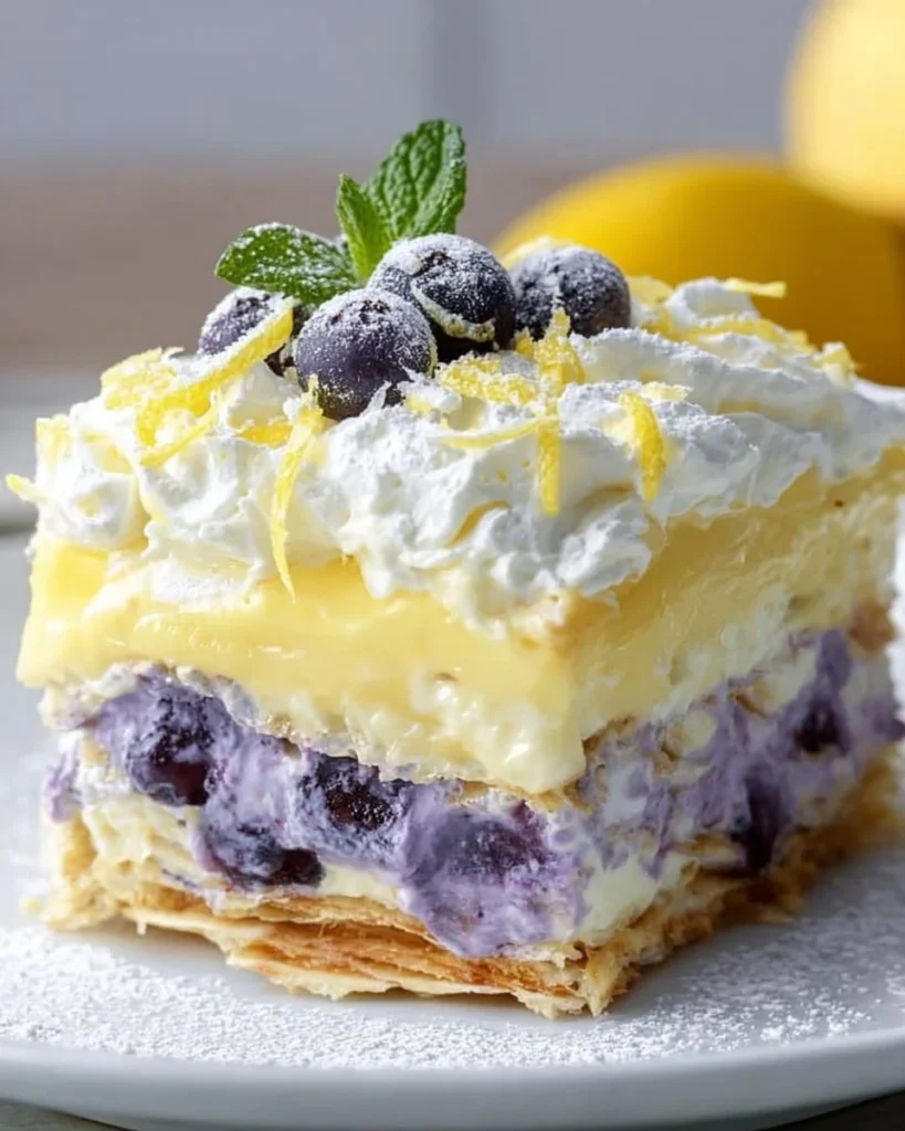 Layered Lemon Blueberry Lasagna dessert with fresh blueberries and lemon zest.