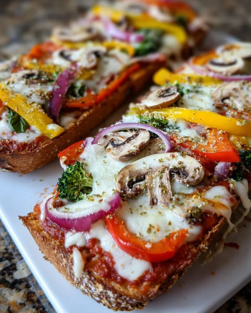 Loaded Veggie French Bread Pizza topped with an array of fresh vegetables