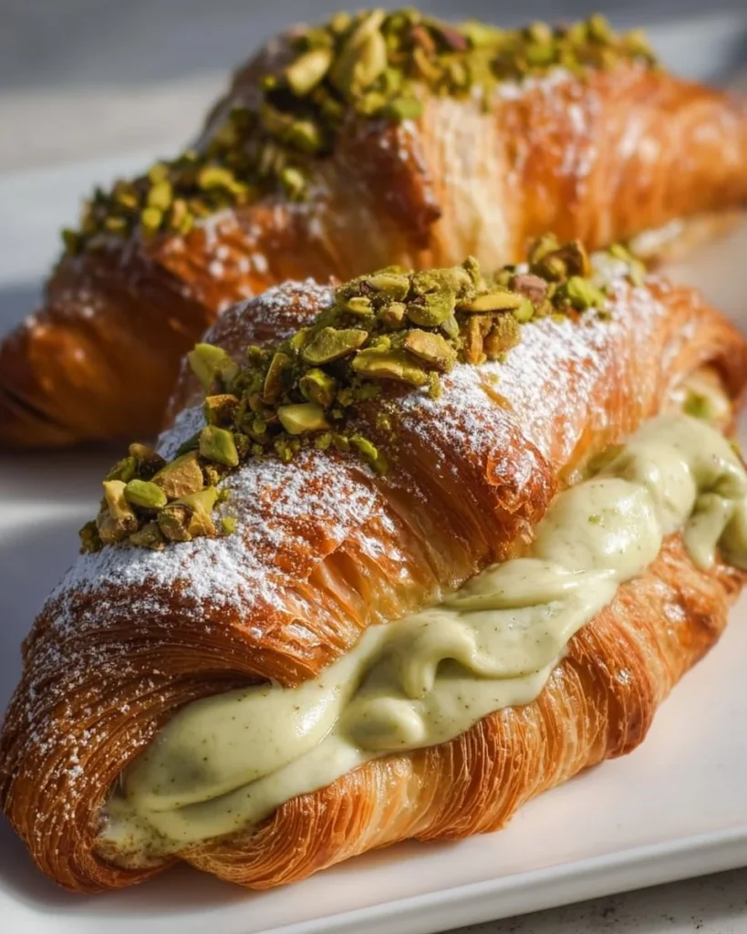 Freshly baked pistachio croissant with creamy filling and flaky layers