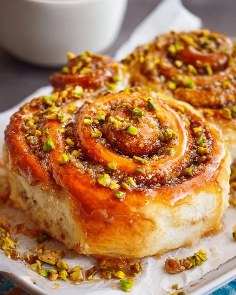 Pistachio honey cinnamon rolls with a drizzle of honey and chopped pistachios.