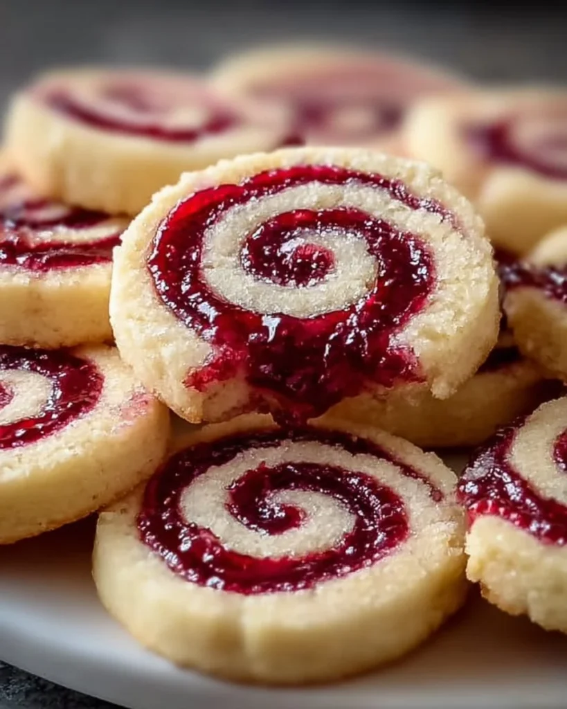 Raspberry Swirl Shortbread Cookies on a plate garnished with fresh raspberries