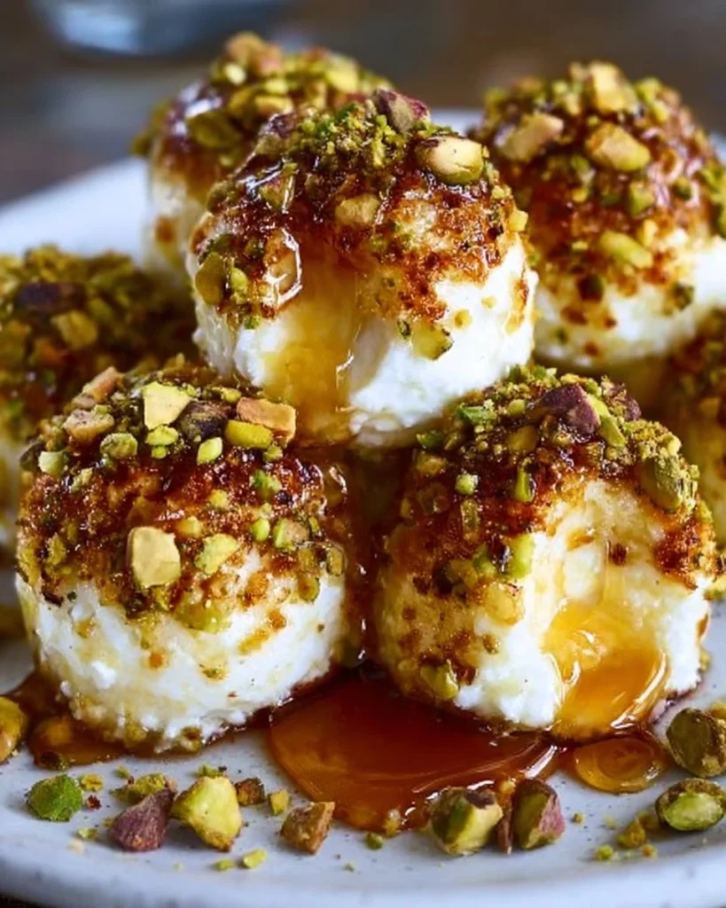 Plate of ricotta pistachio honey bites topped with honey drizzle.