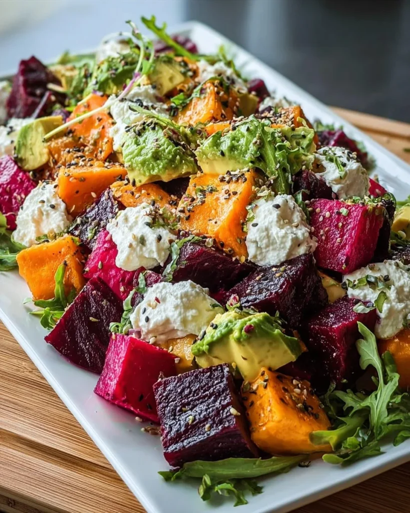 Colorful roasted beet salad with sweet potato, avocado, whipped ricotta, and tahini drizzle