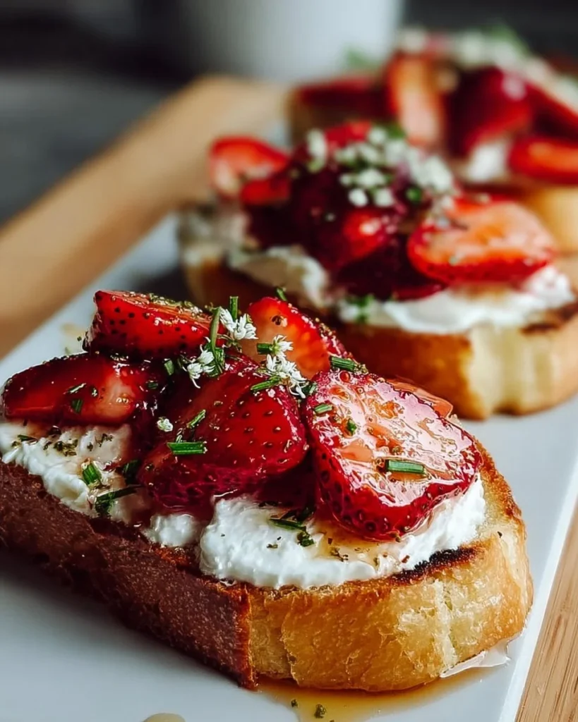 Roasted strawberry whipped ricotta toast topped with fresh mint leaves.
