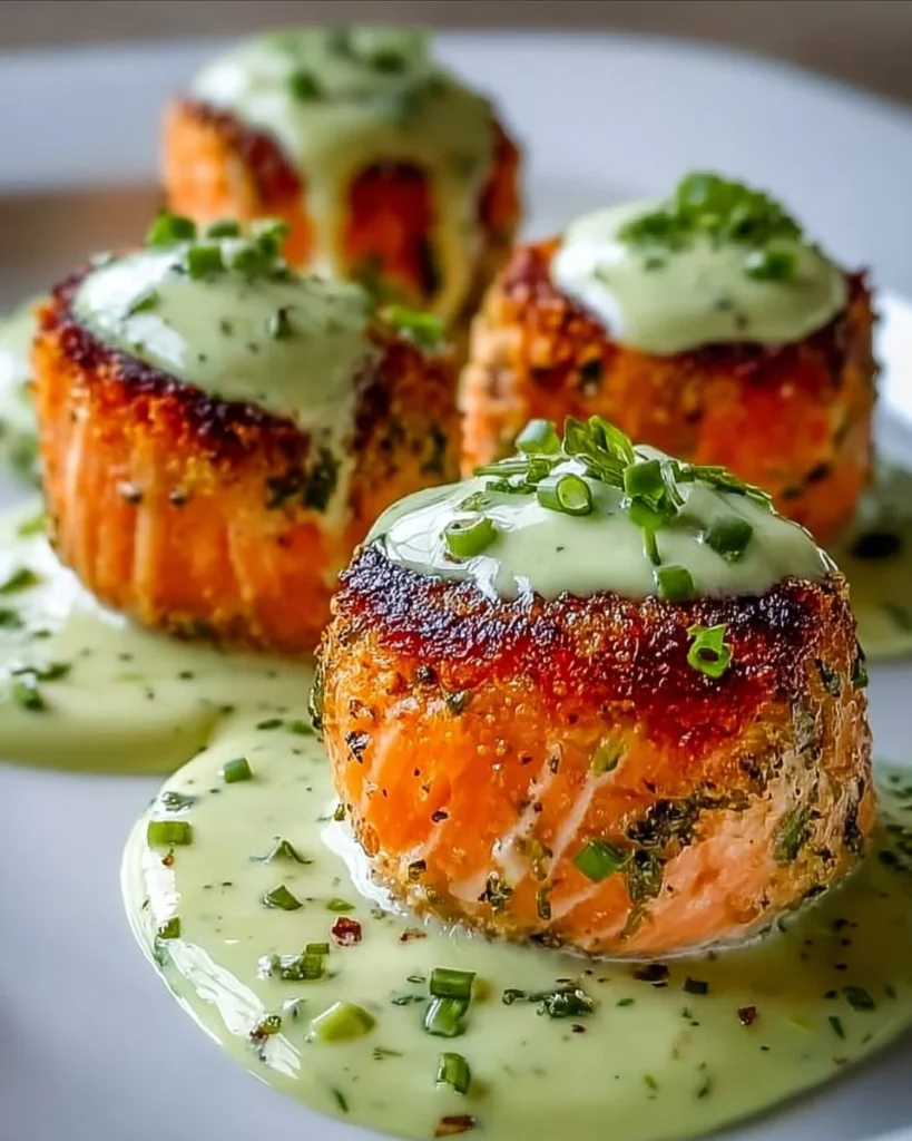 Savory salmon balls served with creamy avocado sauce on a plate.