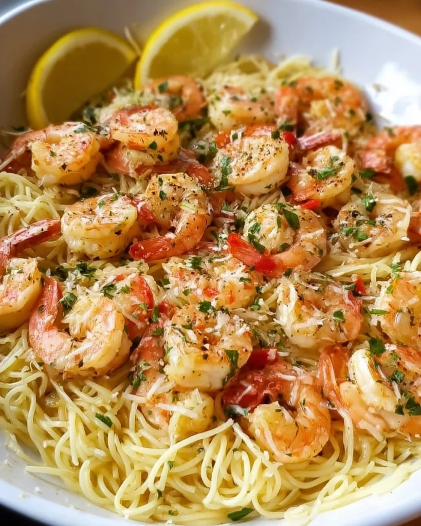 Delicious shrimp scampi dish with garlic, butter, and pasta