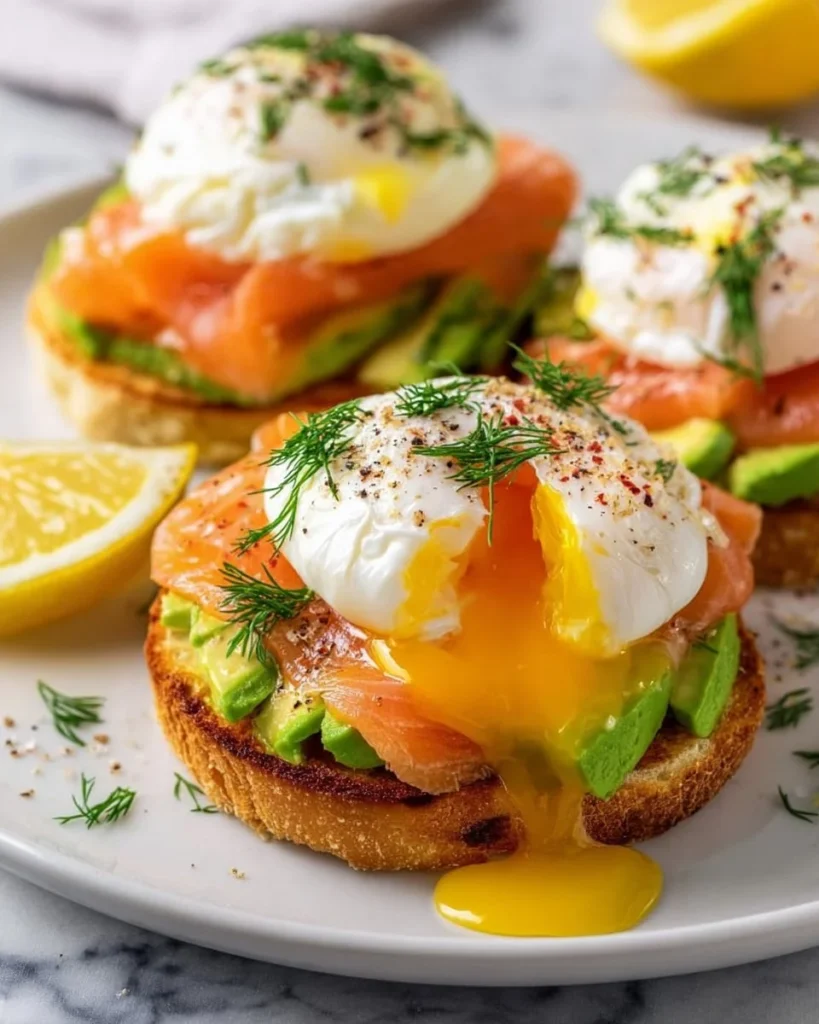 Smoked salmon avocado Eggs Royale served on a plate