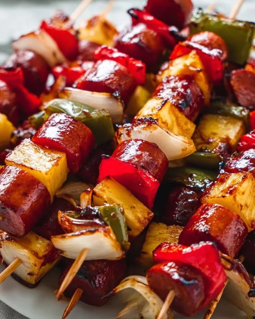 Smoky BBQ hot dog kabobs grilled to perfection on skewers