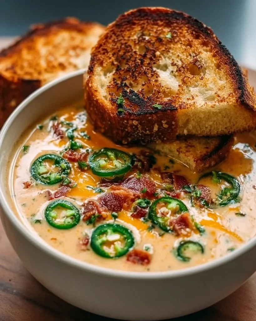 Bowl of spicy jalapeño popper soup with grilled cheese dippers on the side