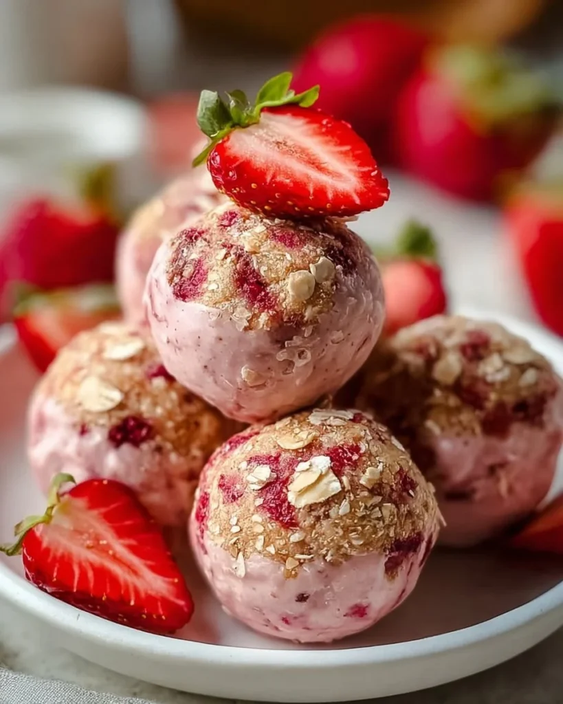 Strawberry Cheesecake Protein Balls, a healthy snack rich in protein