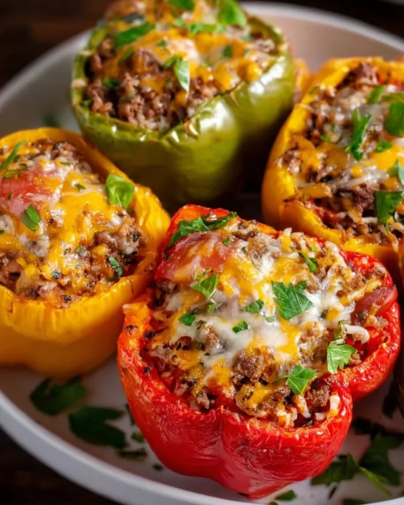 Colorful stuffed bell peppers filled with rice, vegetables, and spices